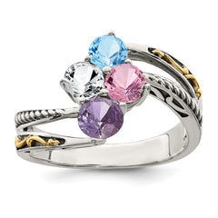 Sterling Silver Antiqued w/14k 4-stone Mother's Ring - 22