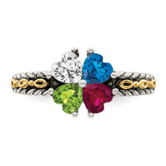 Sterling Silver Antiqued w/14k 4-stone Mother's Ring - 17