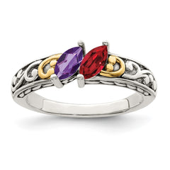 Sterling Silver Antiqued w/14k 2-stone Mother's Ring - 4