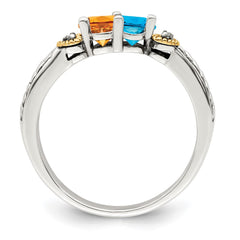 Sterling Silver Antiqued w/14k 2-stone w/Diamond Mother's Ring - 7