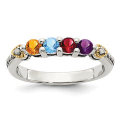 Sterling Silver Antiqued w/14k 4-stone w/Diamond Mother's Ring - 59