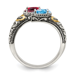 Sterling Silver Antiqued w/14k 2-stone w/Diamond Mother's Ring - 2