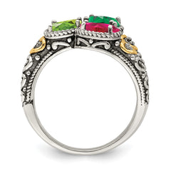 Sterling Silver Antiqued w/14k 3-stone w/Diamond Mother's Ring - 80