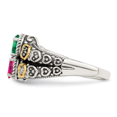Sterling Silver Antiqued w/14k 3-stone w/Diamond Mother's Ring - 80