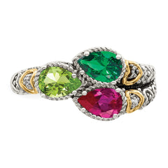 Sterling Silver Antiqued w/14k 3-stone w/Diamond Mother's Ring - 12