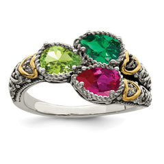 Sterling Silver Antiqued w/14k 3-stone w/Diamond Mother's Ring - 80
