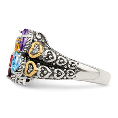 Sterling Silver Antiqued w/14k 4-stone w/Diamond Mother's Ring - 87