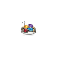 Sterling Silver Antiqued w/14k 4-stone w/Diamond Mother's Ring - 10