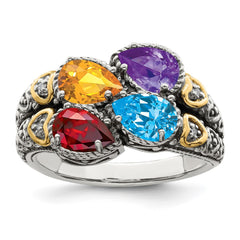 Sterling Silver Antiqued w/14k 4-stone w/Diamond Mother's Ring - 10