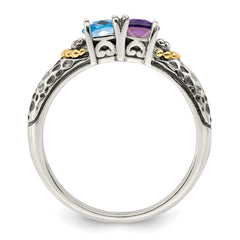 Sterling Silver Antiqued w/14k 2-stone w/Diamond Mother's Ring - 10