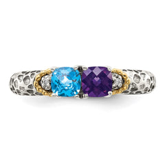 Sterling Silver Antiqued w/14k 2-stone w/Diamond Mother's Ring - 17