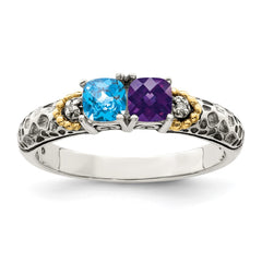 Sterling Silver Antiqued w/14k 2-stone w/Diamond Mother's Ring - 15