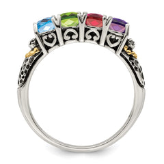 Sterling Silver Antiqued w/14k 4-stone w/Diamond Mother's Ring - 15