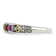 Sterling Silver Antiqued w/14k 4-stone w/Diamond Mother's Ring - 27