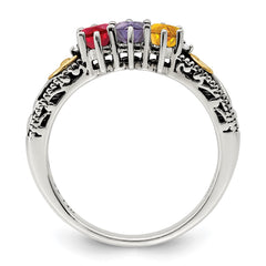Sterling Silver Antiqued w/14k 3-stone w/Diamond Mother's Ring - 21