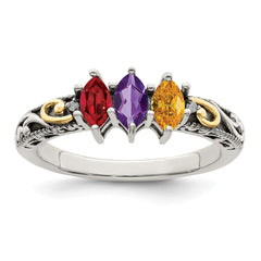 Sterling Silver Antiqued w/14k 3-stone w/Diamond Mother's Ring - 25