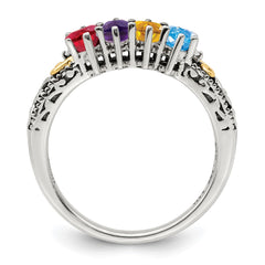 Sterling Silver Antiqued w/14k 4-stone w/Diamond Mother's Ring - 14