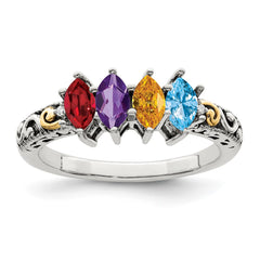 Sterling Silver Antiqued w/14k 4-stone w/Diamond Mother's Ring - 14