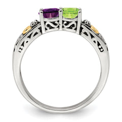Sterling Silver Antiqued w/14k 2-stone w/Diamond Mother's Ring - 35