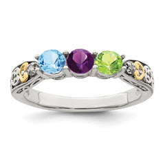 Sterling Silver Antiqued w/14k 3-stone w/Diamond Mother's Ring - 37