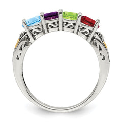 Sterling Silver Antiqued w/14k 4-stone w/Diamond Mother's Ring - 37