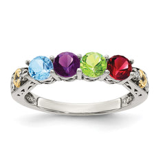 Sterling Silver Antiqued w/14k 4-stone w/Diamond Mother's Ring - 37