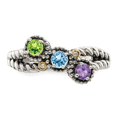 Sterling Silver Antiqued w/14k 3-stone w/Diamond Mother's Ring - 42
