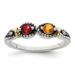 Sterling Silver Antiqued w/14k 2-stone w/Diamond Mother's Ring - 52