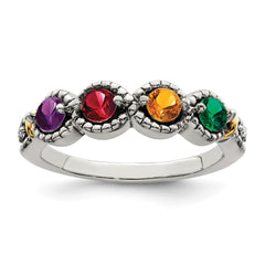 Sterling Silver Antiqued w/14k 4-stone w/Diamond Mother's Ring - 56