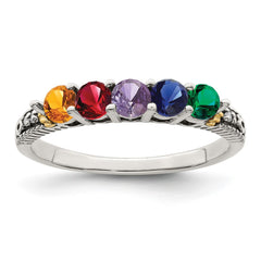 Sterling Silver Antiqued w/14k 5-stone w/Diamond Mother's Ring - 81