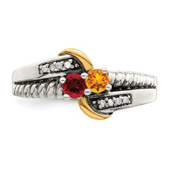 Sterling Silver Antiqued w/14k 2-stone w/Diamond Mother's Ring - 82