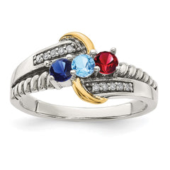 Sterling Silver Antiqued w/14k 3-stone w/Diamond Mother's Ring - 76