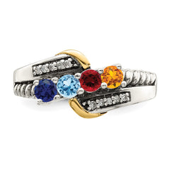 Sterling Silver Antiqued w/14k 4-stone w/Diamond Mother's Ring - 28