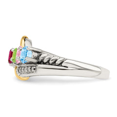 Sterling Silver Antiqued w/14k 5-stone w/Diamond Mother's Ring - 71