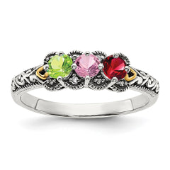 Sterling Silver Antiqued w/14k 3-stone w/Diamond Mother's Ring - 71