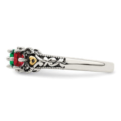 Sterling Silver Antiqued w/14k 4-stone w/Diamond Mother's Ring - 65