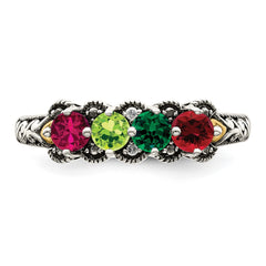 Sterling Silver Antiqued w/14k 4-stone w/Diamond Mother's Ring - 85