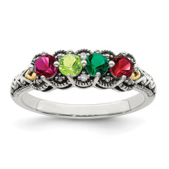 Sterling Silver Antiqued w/14k 4-stone w/Diamond Mother's Ring - 85