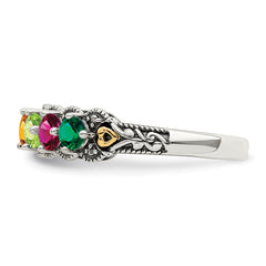 Sterling Silver Antiqued w/14k 5-stone w/Diamond Mother's Ring - 59