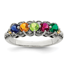 Sterling Silver Antiqued w/14k 5-stone w/Diamond Mother's Ring - 84