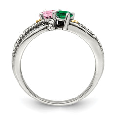 Sterling Silver Antiqued w/14k 2-stone w/Diamond Mother's Ring - 64