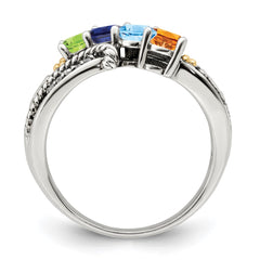 Sterling Silver Antiqued w/14k 4-stone w/Diamond Mother's Ring - 63
