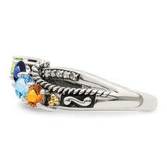 Sterling Silver Antiqued w/14k 4-stone w/Diamond Mother's Ring - 90