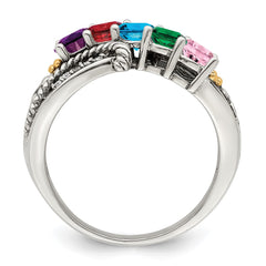 Sterling Silver Antiqued w/14k 5-stone w/Diamond Mother's Ring - 54