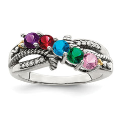 Sterling Silver Antiqued w/14k 5-stone w/Diamond Mother's Ring - 74