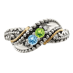 Sterling Silver Antiqued w/14k 2-stone w/Diamond Mother's Ring - 4