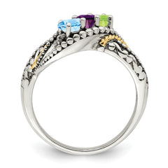 Sterling Silver Antiqued w/14k 3-stone w/Diamond Mother's Ring - 70