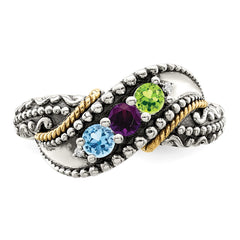Sterling Silver Antiqued w/14k 3-stone w/Diamond Mother's Ring - 3