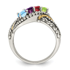 Sterling Silver Antiqued w/14k 4-stone w/Diamond Mother's Ring - 70