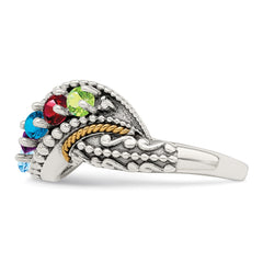 Sterling Silver Antiqued w/14k 5-stone w/Diamond Mother's Ring - 65